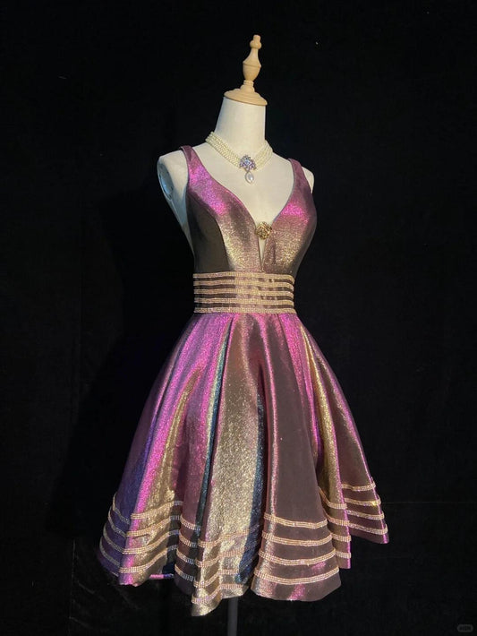 Shiny V Neck Satin Beaded A Line Short Prom Dress,Purple Short 6th Grade Homecoming Dress SP2912
