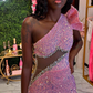 Pink Beaded Sequins Evening Dress,One Shoulder Mermaid Prom Dress Y6681