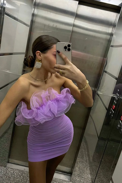 Sexy Strapless Ruffle Tulle Satin Sheath Cocktail Dress Lavender Formal Homecoming Dress Y9889