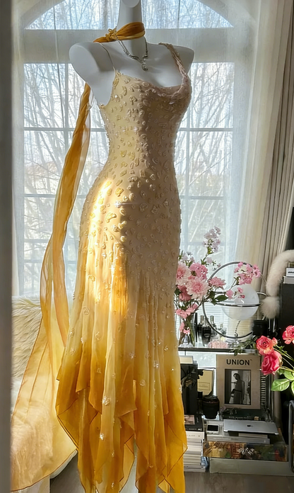 Vintage Pink Chiffon Beaded Mermaid Evening Dress Prom Dress Y8788
