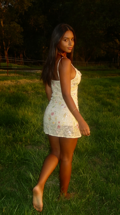 Gorgeous Spaghetti Straps Lace Sequin Sheath Cocktail Dress,Pastel Yellow V Neck Short Homecoming Dress SP2880