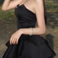 Chic Strapless Black Satin Short Prom Dress, Layered Homecoming Dress Graduation Dress Y7622