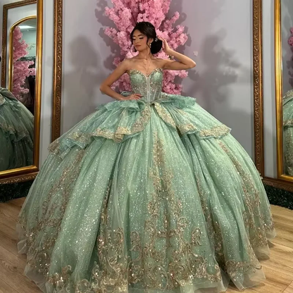 Green Quinceanera Dresses Crystals Beading Gold Applique Lace Bow Ball Gown Sweet 16 Birthday Prom Dress Y8115