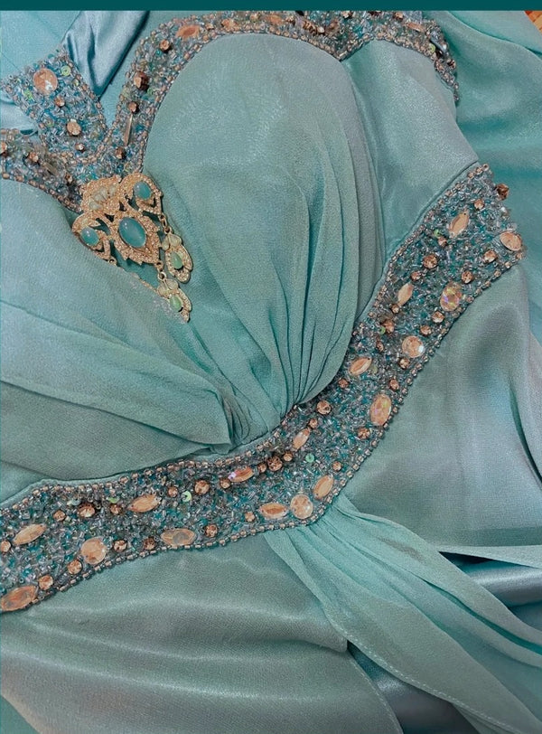 Pretty Blue Satin Chiffon Beaded Long Party Dress Prom Dress SP412