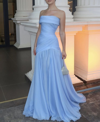 Chic Blue Strapless Sleeveless Chiffon Pleated A Line Long Prom Dress Evening Gown Formal Wedding Guest Dress SP396