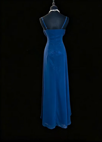 Classy Spaghetti Strap Satin Chiffon Pleated Long Wedding Guest Dress Navy Blue Party Dress SP2766