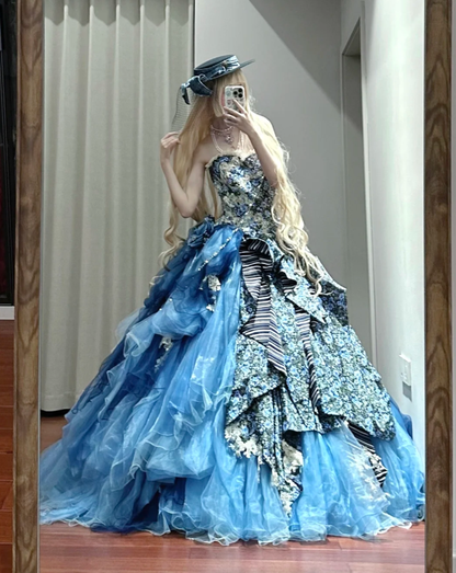 Elegant Strapless Ball Gown Blue Satin Print Floral Organza Quinceanera Dress Sweet 16 Dress SP1188