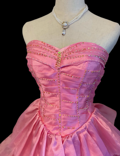 Pretty Strapless Pink Lace Satin Pleated Beaded Long Party Dress Evening Dress SP4091