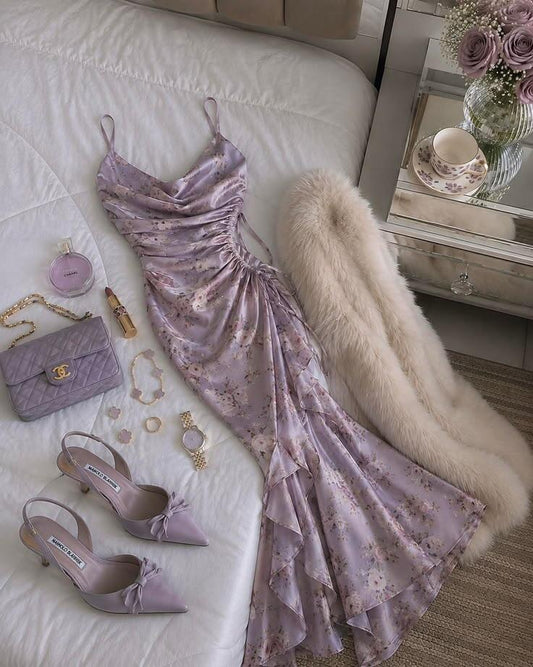 Glamorous Purple Spaghetti Straps Satin Print Floral Ruffles Mermaid Party Dress Long Prom Gown SP2683