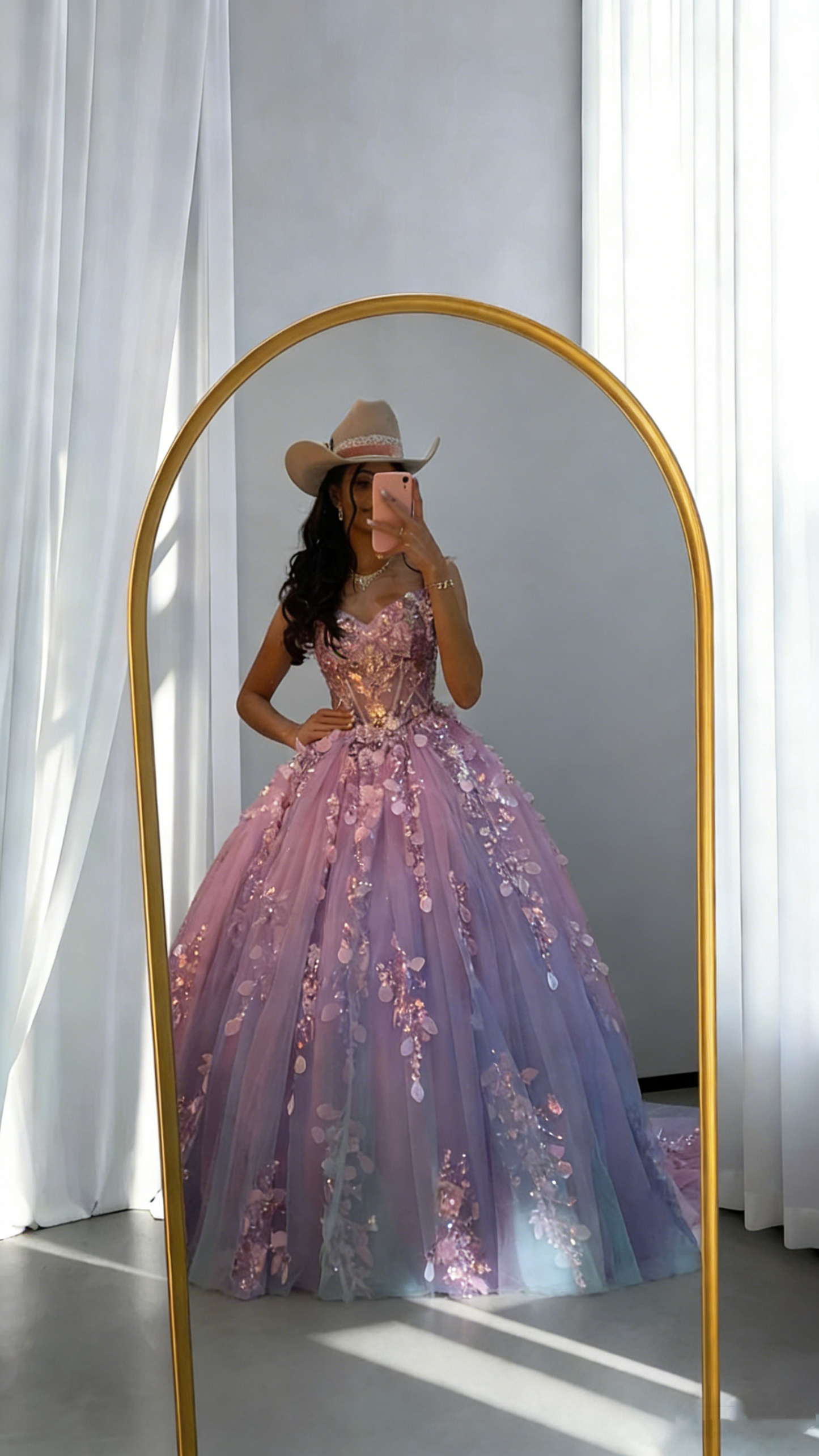 Glamorous Spaghetti Straps Tulle Sequin Appliques Ball Gown Lavender Quinceanera Dress SP1803