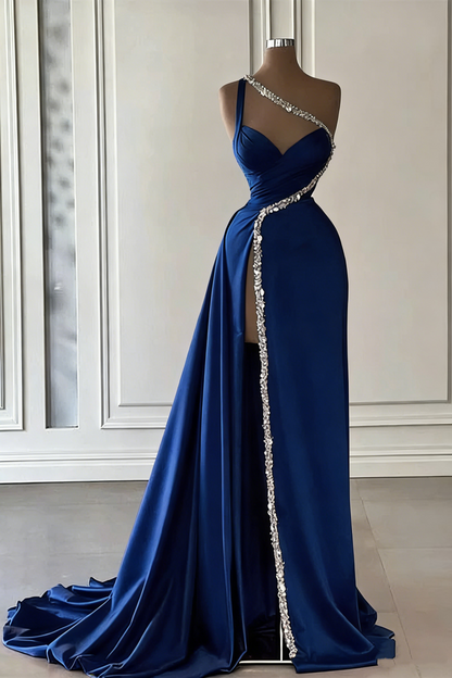 Gorgeous One Shoulder Hot Pink Satin Beaded Long Prom Dress Slit Evening Dress Y7692