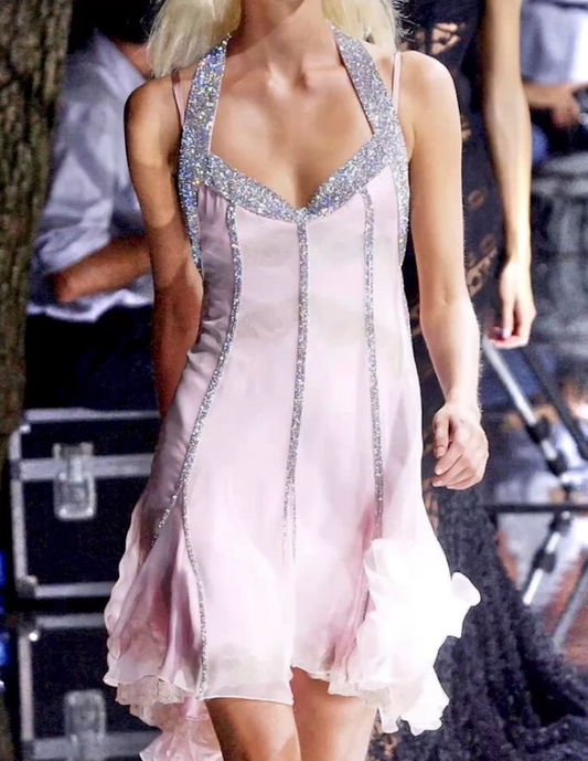 Sexy Pink Chiffon Beaded Short 8th Grade Homecoming Dress,Halter A Line Mini Birthday Outfits SP2816
