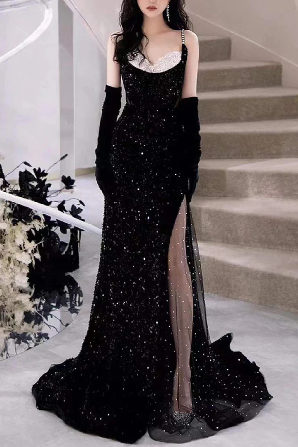 Black Mermaid Sequins Prom Dress Spaghetti Straps Sleeveless Beading Party Gown  Y4110