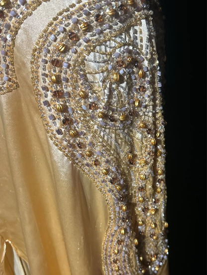 Sexy Halter V Neck Yellow Satin Beaded Mermaid Long Evening Dress 20th Birthday Outfits SP1794