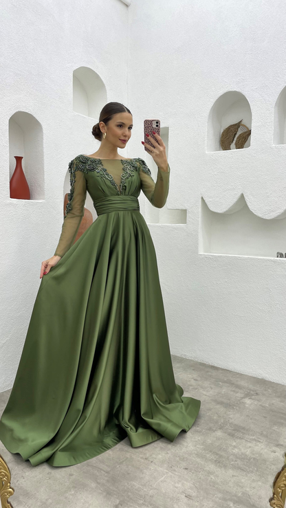 Modest A-line Satin Long Prom Dress,Beautiful Prom Gown Y7199