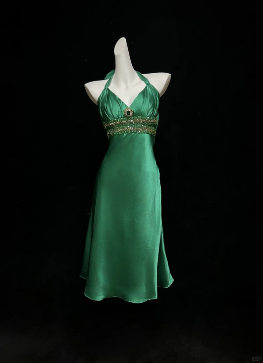 Stylish Halter Satin Beaded Cocktail Dress,Green Short 6th Grade Homecoming Dress SP2706