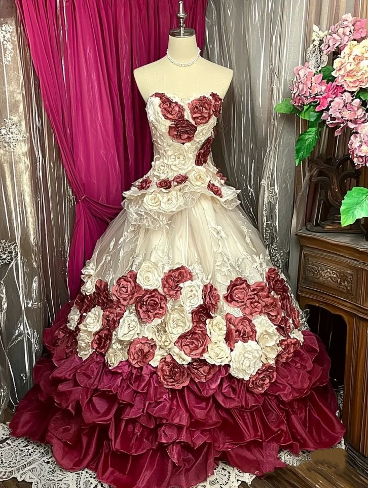 Elegant Strapless Tulle 3D Flowers Ball Gown Sweet 16 Dress Quinceanera Dress SP934