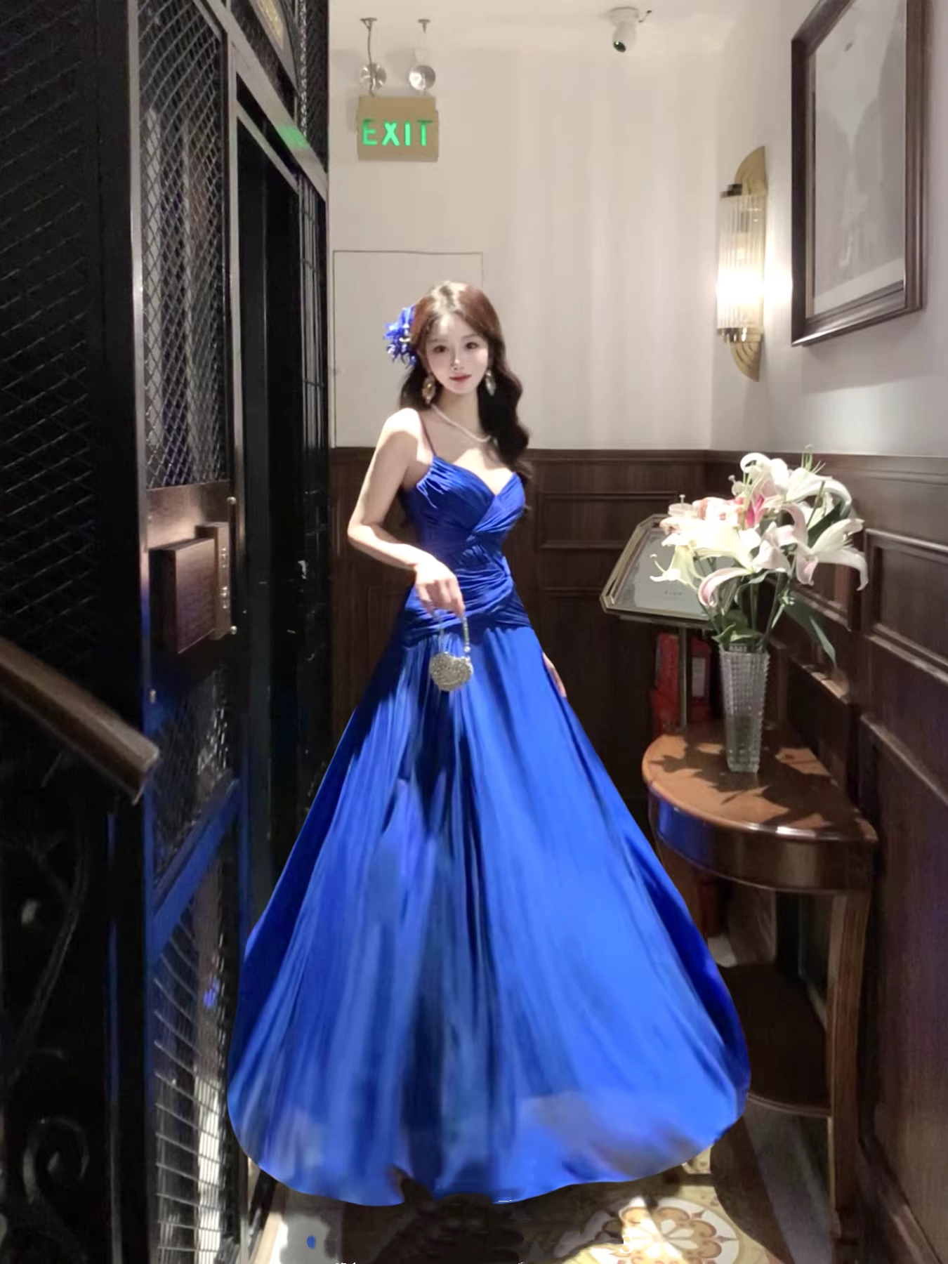 Unique Spaghetti Straps Royal Blue Pleated Satin Long Party Dress 19th Birthday Outfits SP2014