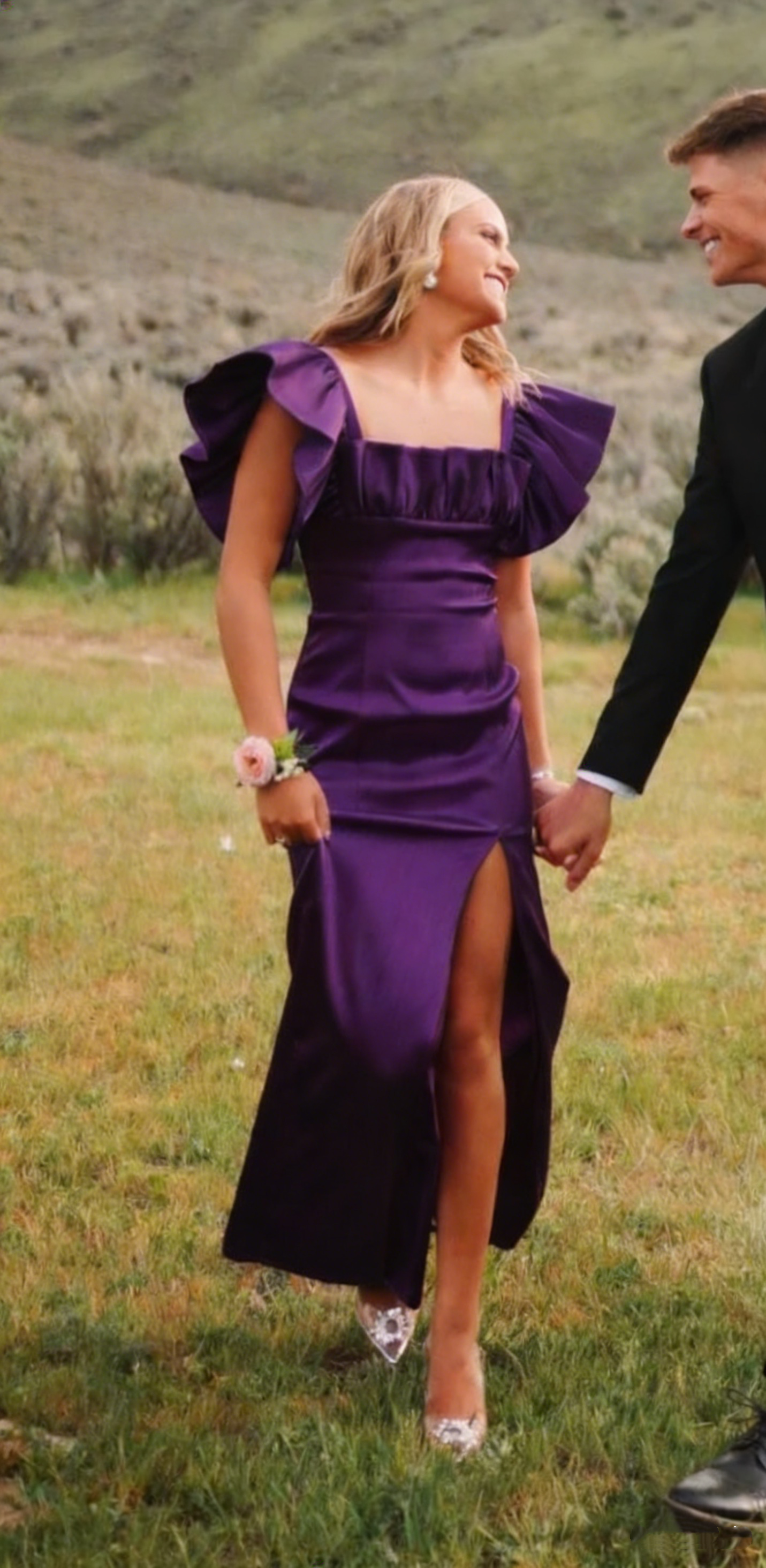 Square Neck Flutter Sleeve Hot Pink Long Prom Dress Evening Dress With Split  Y2981