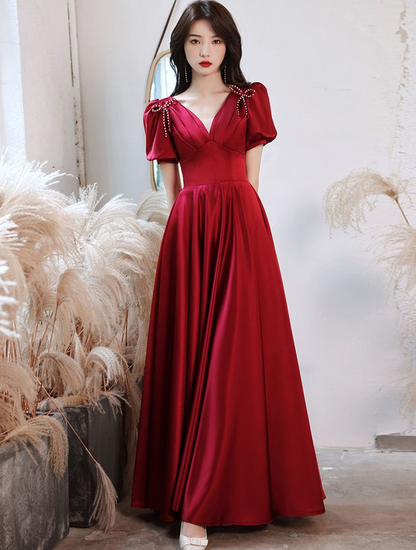 Satin Junior Senior Prom Dress Long Dress with Sleeves  Y4565