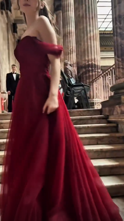 Elegant Off The Shoulder Tulle Long Wedding Guest Dress Burgundy Long Party Dress SP3737