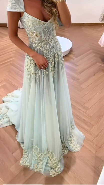 Gorgeous V Neck Baby Blue Tulle Sequin Beaded Mermaid Evening Dress Long Birthday Prom Gown SP1143