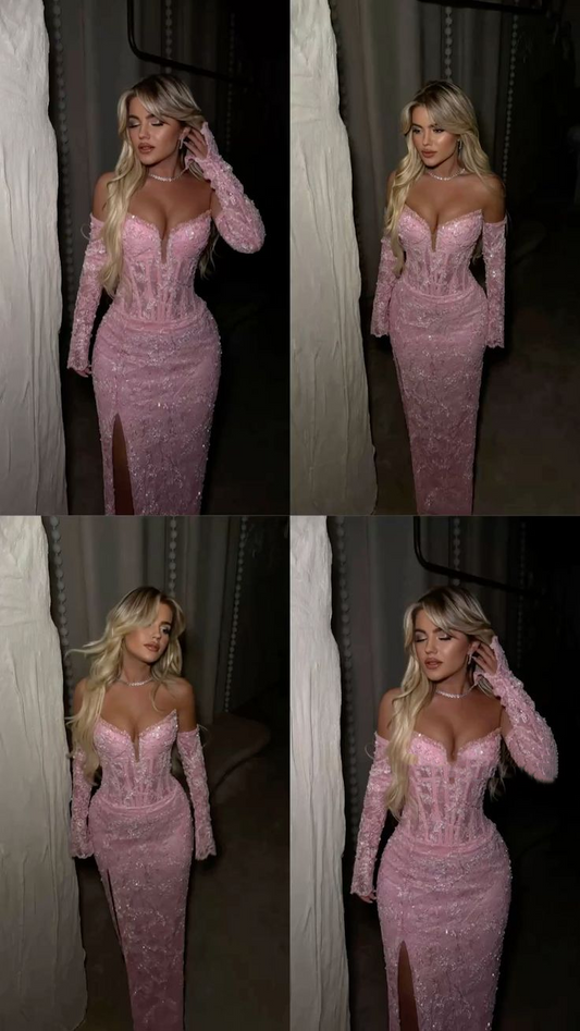 Pretty Strapless Pink Lace Sequin Mermaid Slit Prom Gown Long Evening Dress With Gloves SP390