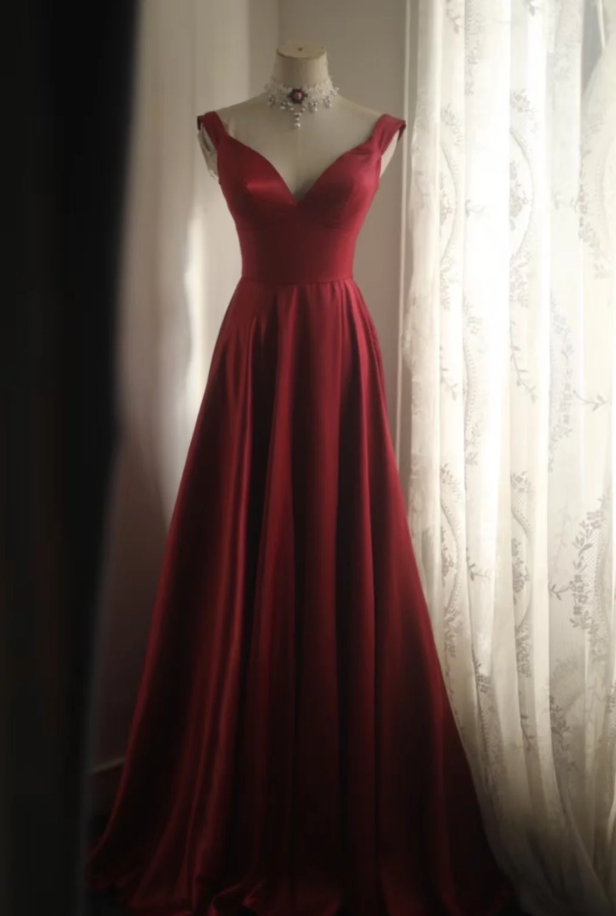 Fashion V Neck Burgundy Satin Mermaid Slit Evening Dress Formal Prom Gown SP669