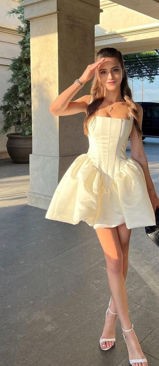Pretty Ivory Spaghetti Strap Satin A Line Short 19th Birthday Outfits,Formal Graduation Homecoming Dress SP3033