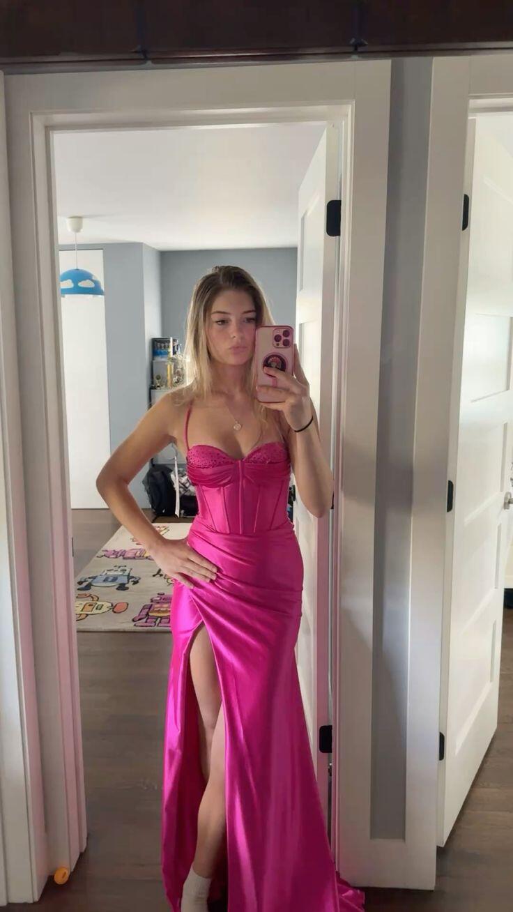 Elegant Hot Pink Satin Mermaid Slit Long Prom Dress Evening Dresses SP3770