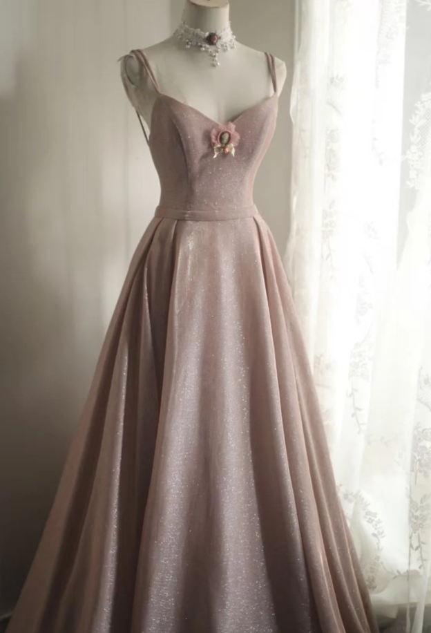 Classy Spaghetti Straps Pink Satin Sequin Long Evening Dress Birthday Outfits SP1210