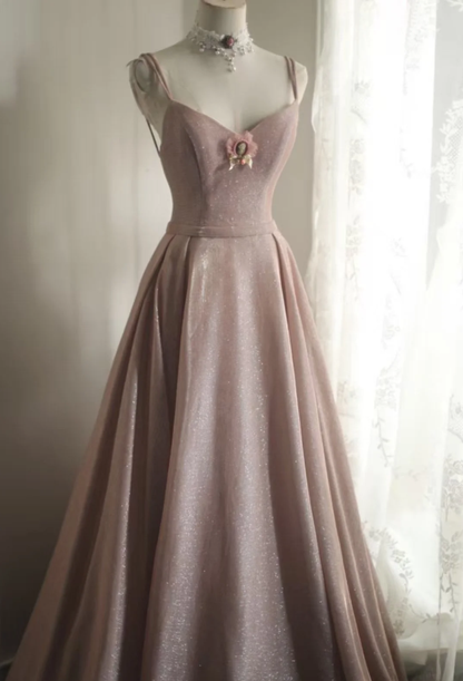 Classy Spaghetti Straps Pink Satin Sequin Long Evening Dress Birthday Outfits SP1210