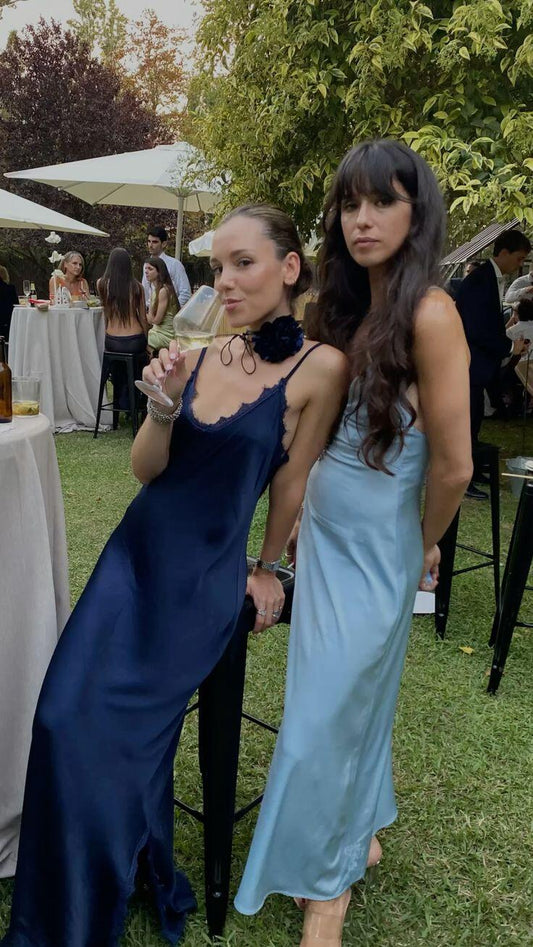 Simple Spaghetti Straps Navy Blue Satin Long Wedding Guest Dress Evening Dress SP1144