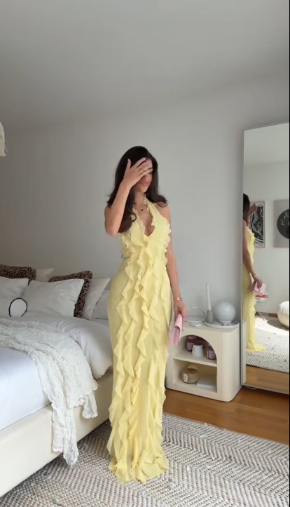 Classy Halter V Neck Yellow Chiffon Ruffle Long Wedding Guest Dress Evening Gown SP1055