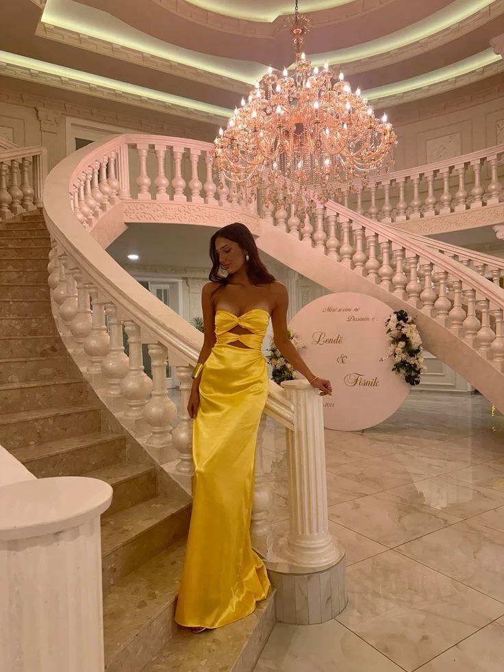 Elegant Sweetheart Neck Satin Mermaid Long Evening Prom Dresses Yellow Long Party Dress SP4126