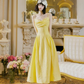 Sweet Spaghetti Straps Yellow Satin A Line Long Party Dress Prom Gowns SP2015