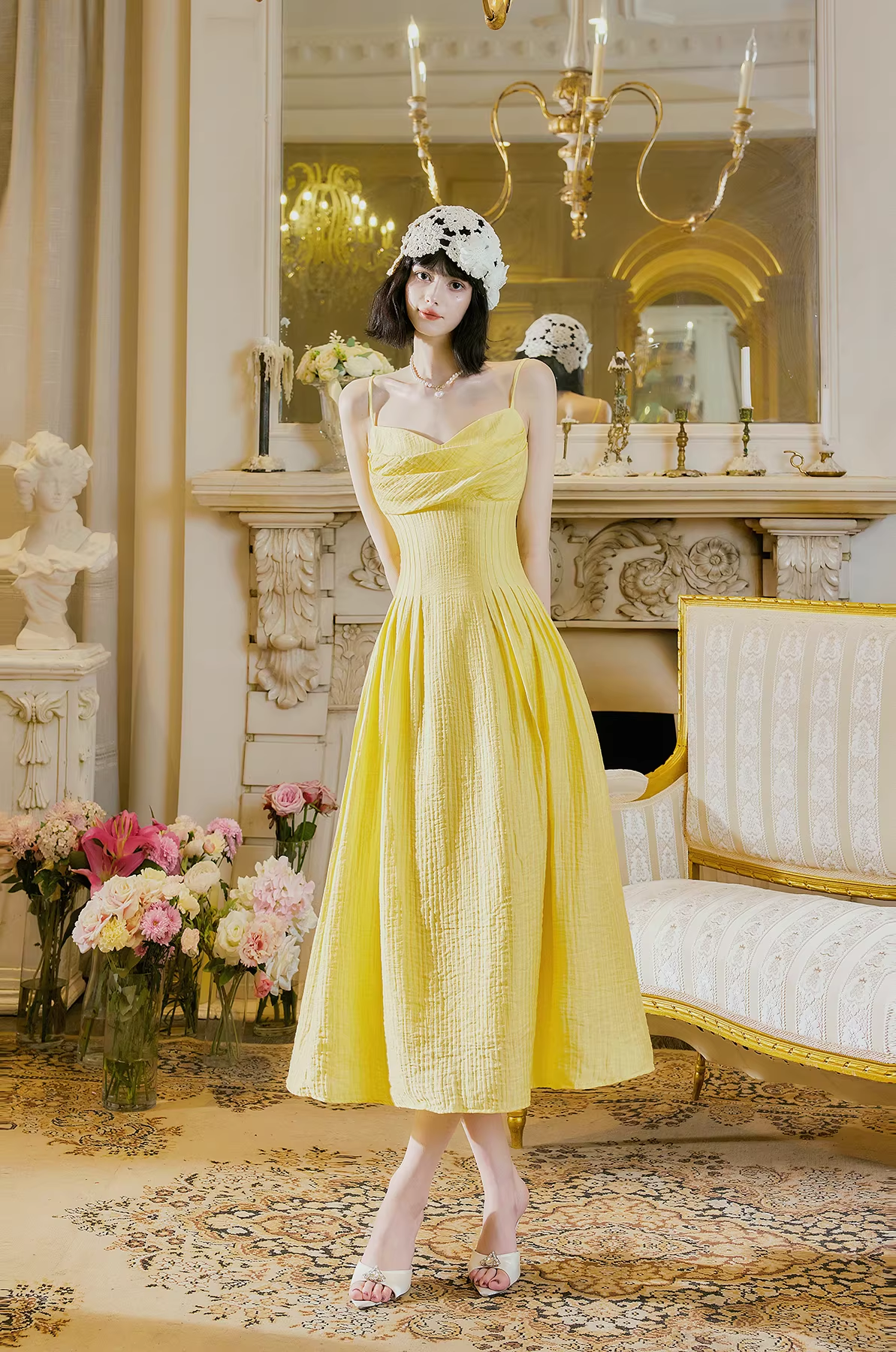 Sweet Spaghetti Straps Yellow Satin A Line Long Party Dress Prom Gowns SP2015