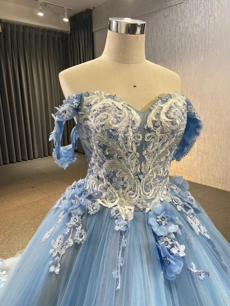 Blue Off The Shoulder Lace Tulle Ball Gown,Sweet 16 Dress Y6855
