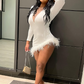 Solid Plunge Fluffy Irregular Party Dress White Dresses Sexy White Homecoming Dress Y332