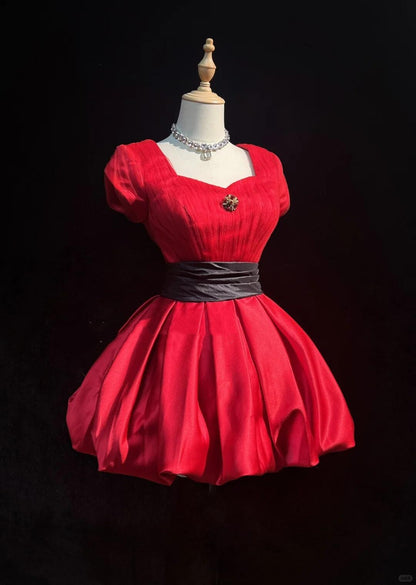 Vintage Red Satin Pleated A Line Short Homecoming Dress Birthday Outfits SP2923