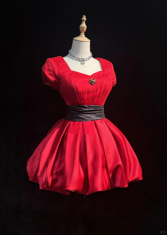 Vintage Red Satin Pleated A Line Short Homecoming Dress Birthday Outfits SP2923