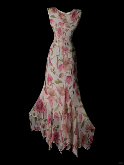 Charming Pink V Neck Chiffon Print Floral Ruffles Mermaid Long Prom Dress Party Dress SP4076
