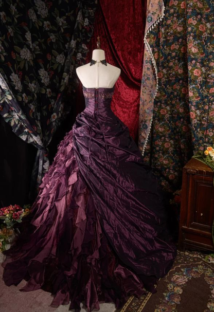 Vintage Sweetheart Neck Tulle Satin Pleated Ball Gown Purple Formal Birthday Quinceanera Dress SP1361