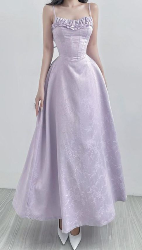 Cute Spaghetti Straps Lilac Satin A Line Long Party Dress Formal Wedding Guest Dress SP1076