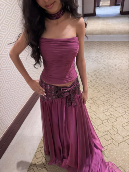 Classy Purple Satin Chiffon Long Party Dress,Formal Wedding Guest Dress Two Piece SP3418