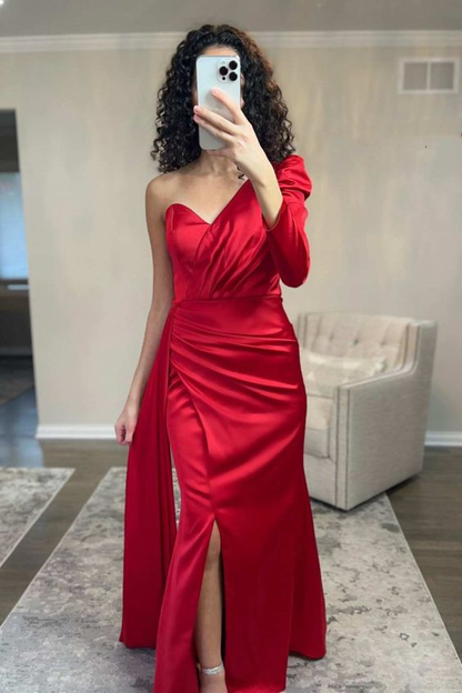 Asymmetrical Red One-Sleeve Mermaid Long Prom Dress with Slit Y5722