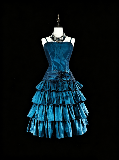 Elegant Peacock Blue Satin Floral Beaded Layered Short Homecoming Dress,Spaghetti Straps A Line Mini Prom Dress SP3394