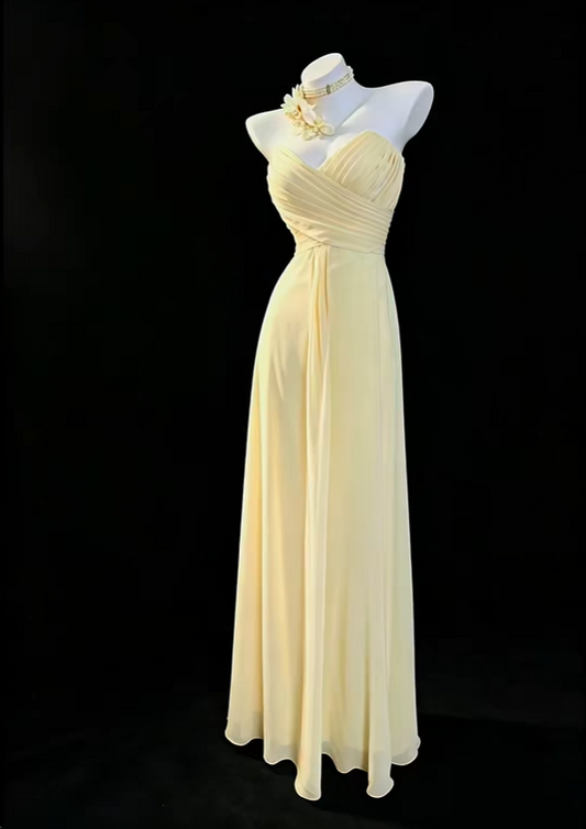 Pretty Yellow Strapless Chiffon Pleated A Line Long Prom Dress Party Gown SP2767