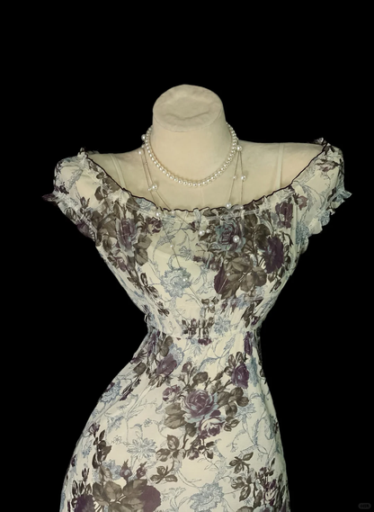 Vintage Sleeveless Chiffon Print Floral Mermaid Long Party Dress Evening Gown SP4043