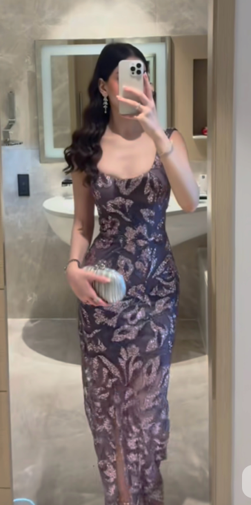 Elegant Satin Sequin Sheath Slit Prom Dress Purple Long Party Dress SP687